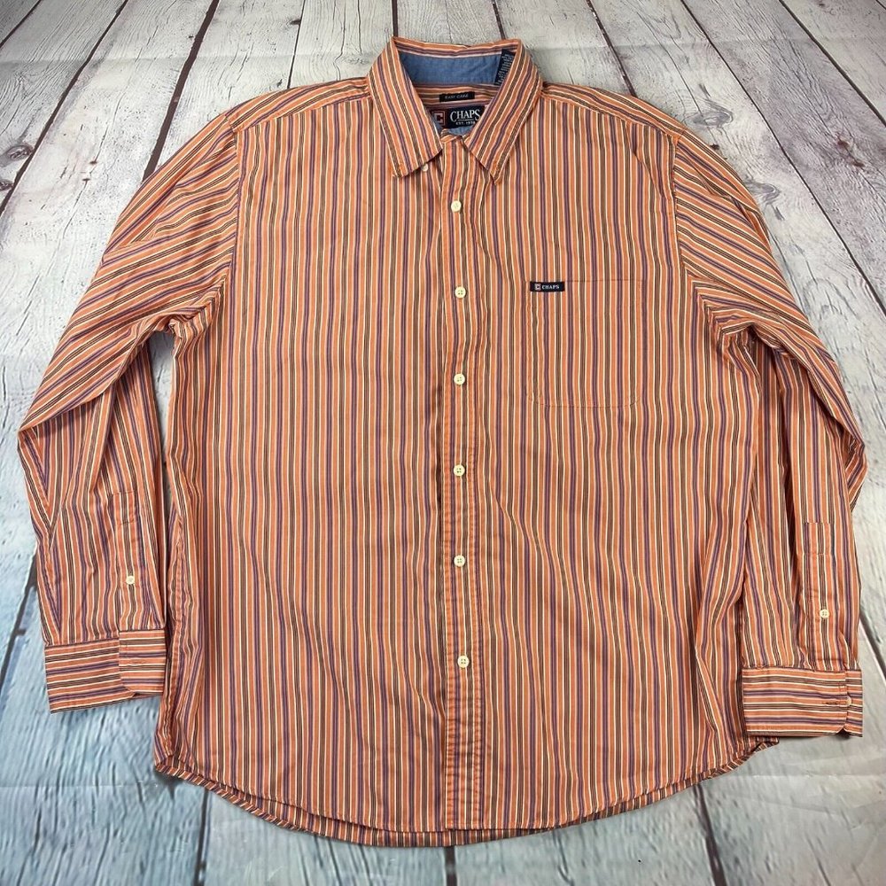 Chaps Easy Care Mens Long Sleeve Orange Stripe Button Down Shirt Size XL